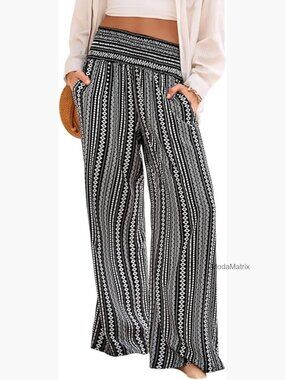 Wide Leg Palazzo Pants with Pockets Elastic Waist Boho Floral